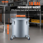 VEVOR 10 Gallon Fryer Grease Bucket, Oil Disposal Bucket Caddy on Wheels, Rust-proof Coated Carbon Steel Fryer Oil Transport Container with Filter Bag, Lid & Lock Clips for Cooking Oil Filtering