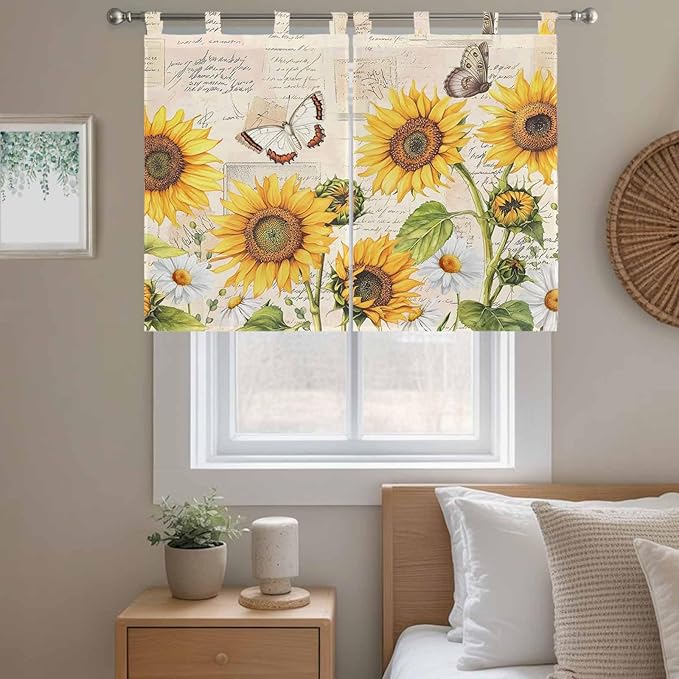 Yellow Sunflowers Kitchen Curtains 45 Inch Length, Short Cafe Window Curtains Tab Top, Country Farm Butterfly Flower Light Beige Light Filtering Window Treatments Tier Drapes 27.5"x45" 2 Panel