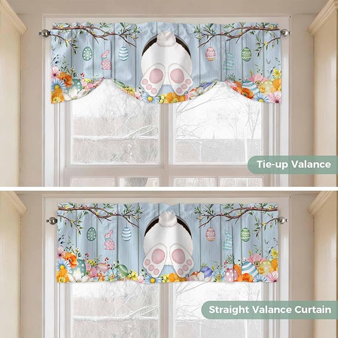 Easter Tie Up Valance Curtains for Windows, Kitchen Curtains Window Shades, Spring Watercolor Bunny Eggs Flower Wood Grain Blue Light Filtering Roman Curtain Valances for Bedroom/Bathroom/Cafe 42"x12"