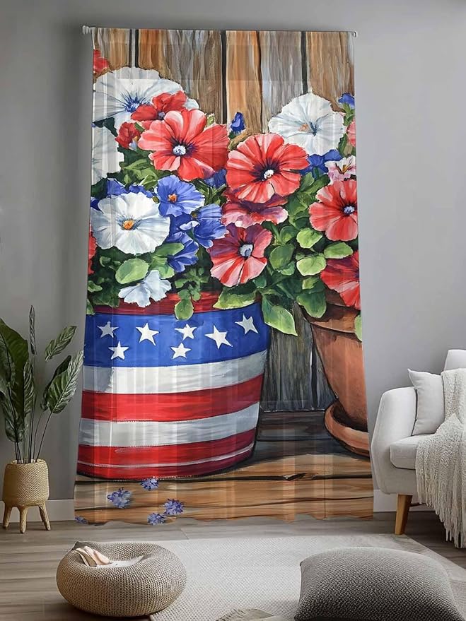 Sheer Curtains 96 Inches Long, Red Blue Flower Semi Sheer Curtains Light Filtering Window Treatment, Retro Independence Day Flag Wood Grain Privacy Voile Drapes for Living Room Bedroom 52x96 Inch