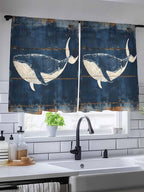 Sheer Curtains 54 Inch Length, Summer Whale Blue Semi Sheer Curtains Light Filtering Window Treatment, Coastal Ocean Vintage Wooden Grain Privacy Voile Drapes for Living Room Bedroom 52x54 Inch