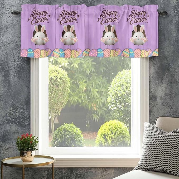 Purple Easter Curtain Valances for Windows, Kitchen Valance Window Treatment, Spring Cartoon Bunny Colorful Eggs Wood Grain Light Filtering Block Curtains for Bathroom/Bedroom/Living Room 54'' x 18''