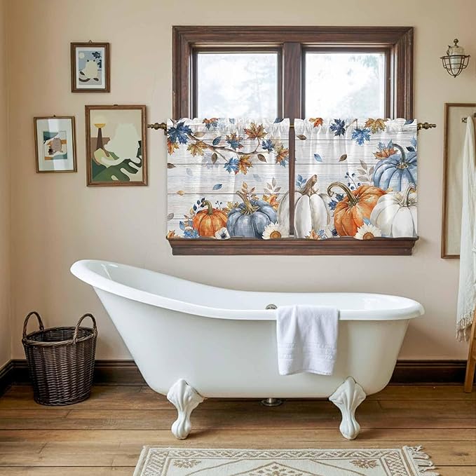 Thanksgiving Pumpkin Kitchen Tier Curtains 36 Inch Long 2 Panel Set,Rod Pocket Half Window Curtains Over Sink,Fall Maple Leaf Daisy Wooden Grain Short Drapes for Bathroom Cafe 27.5"W x 36"L