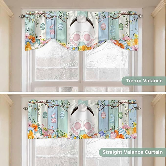 Easter Tie Up Valance Curtains for Windows, Kitchen Curtains Window Shades, Spring Watercolor Bunny Eggs Wood Grain Teal Blue Light Filtering Roman Curtain Valances for Bedroom/Bathroom/Cafe 42"x12"
