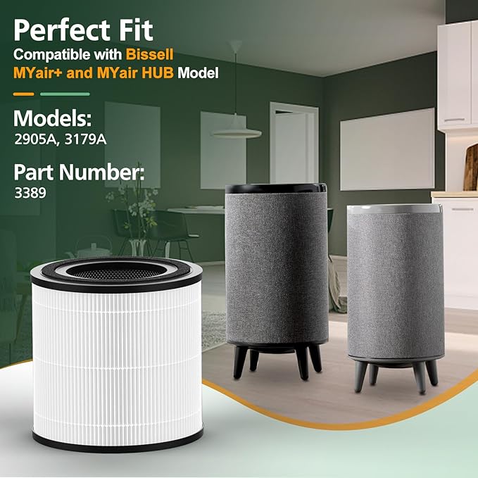 2 Pack 3389 HEPA Replacement Filter Compatible with Bissell MYair+ and MYair HUB 2905A 3179A, Part Number 3389