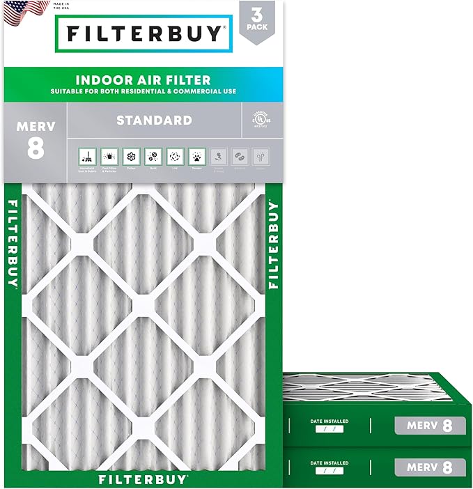 Filterbuy 20x36x2 Air Filter MERV 8 Essential Dust & Allergy Defense (3-Pack), Electrostatic Pleated HVAC AC Furnace Filters Replacement, Made in USA (Actual Size: 19.50 x 35.50 x 1.75)