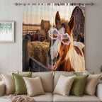 Farm Horses Living Room Curtains 84 Inch Length, Window Curtains Tab Top, Farmhouse Barn Funny Animals Butterfly Light Filtering Window Treatments Drapes 52"x84" 2 Panel