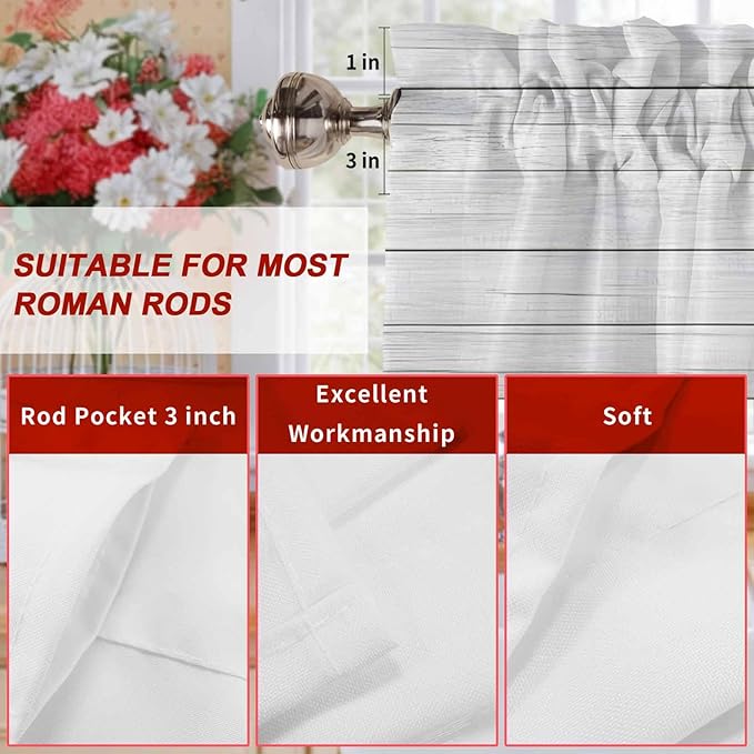 Valentine's Day Valance Curtains for Kitchen, Red Love Trees Bicycles Balloons Wood Grain Privacy Rod Pocket Valance Curtain, Light-Filtering Window Treatment for Bedroom Bathroom, 42"x12"