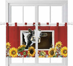 Cows Sunflowers Kitchen Curtains 36 Inch Length, Small Window Curtains Tab Top, Spring Botanical Floral Bees Red Barn Light Filtering Short Window Treatments Tier Drapes 27.5"x36" 2 Panel