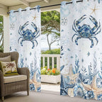 Oceans Outdoor Curtains for Patio Crabs Marine Life Shell Starfish Blue Waterproof Outside Curtains with Grommet Top Weatherproof Curtain for Cabana Pergola Gazebo, 2 Pack, 54" W x 95" L