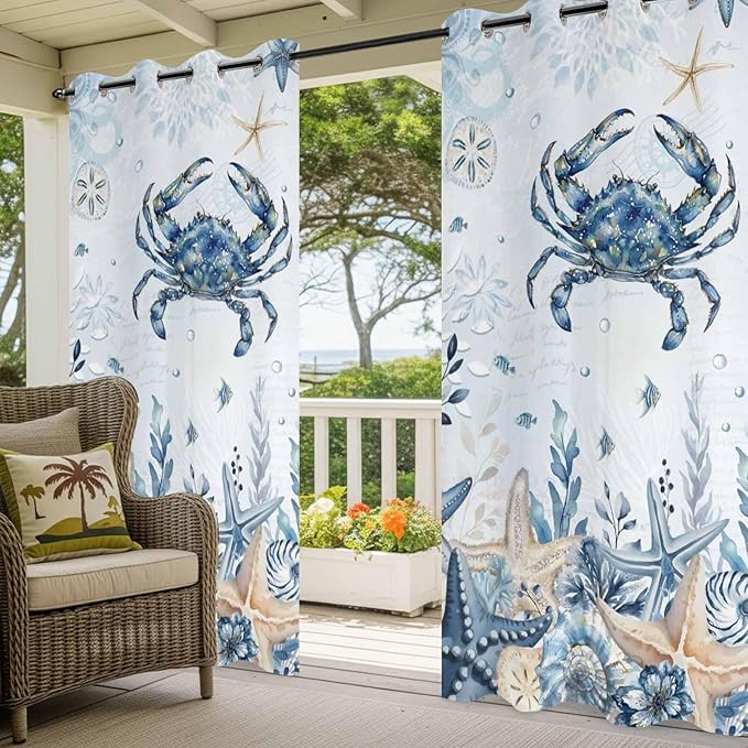 Oceans Outdoor Curtains for Patio Crabs Marine Life Shell Starfish Blue Waterproof Outside Curtains with Grommet Top Weatherproof Curtain for Cabana Pergola Gazebo, 2 Pack, 54" W x 95" L