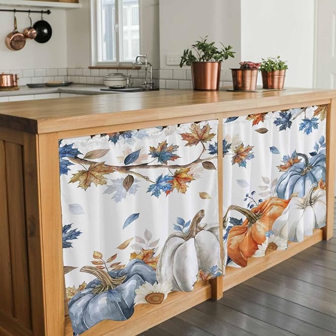 Navy Blue Pumpkin Fall Kitchen Tier Curtains 36 Inch Long 2 Panel Set,Rod Pocket Half Window Curtains Over Sink,Thanksgiving Maple Leaves Branches Short Drapes for Bathroom Cafe 27.5"W x 36"L