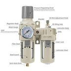 Air Compressor Filter Regulator Lubricator (FRL) Unit,Air Pressure Regulator with Pressure Gauge(0-150PSI),3/8” NPT Oil Water Separator,Semi-Auto Drain,Suitable for Pneumatic Systems