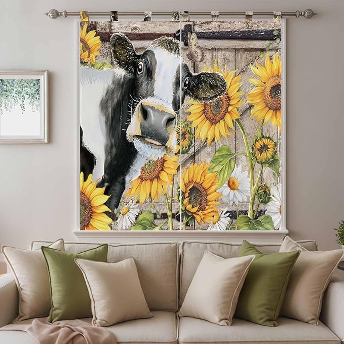 Retro Farmhouse Flower Living Room Curtains 84 Inch Length, Window Curtains Tab Top, Yellow Sunflowers Cow Barn Doors Brown Light Filtering Window Treatments Drapes 42"x84" 2 Panel