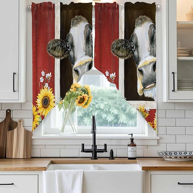 Cows Sunflowers Swag Valances for Windows, Rustic Farms Barns Flowers Bees Animals Rod Pocket Kitchen Curtains Valance, Small Window Curtains Swag for Cafe Bathroom Living Room, 2 Panels, 28x36 inch