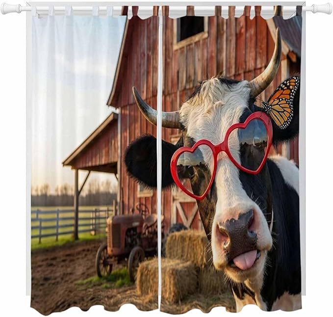 Farm Cows Living Room Curtains 84 Inch Length, Window Curtains Tab Top, Farmhouse Barn Funny Animals Butterfly Light Filtering Window Treatments Drapes 52"x84" 2 Panel