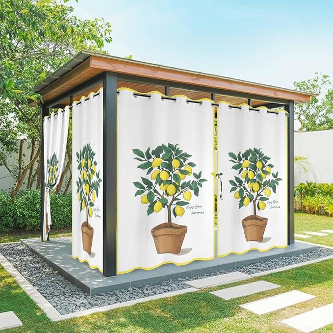 Lemons Outdoor Curtains for Patio Summer Fruit Lemon Tree Waterproof Outside Curtains with Grommet Top Weatherproof Curtain for Cabana Pergola Gazebo, 2 Pack, 54" W x 95" L