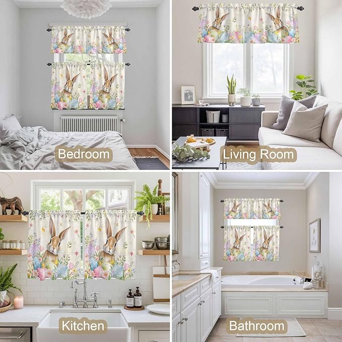 Kitchen Curtains Tiers and Valance Set of 3, Easter Light Filtering Window Curtain Set, Pastoral Spring Bunny Eggs Botanical Flowers Leaf Rod Pocket Curtain Drapes for Living Room, 36 Inches Tiers