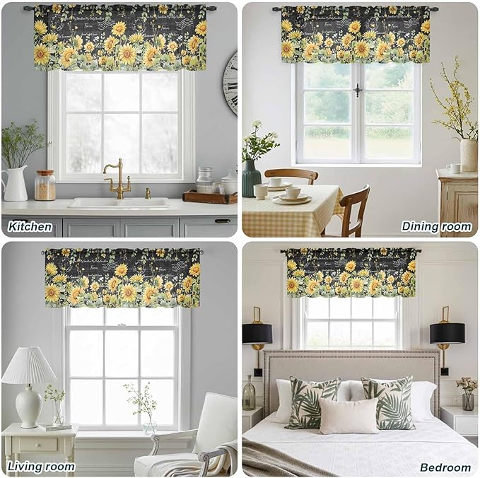 Summer Floral Sheer Valance Curtains, Watercolor Sunflower Eucalyptus Leaves Letter Print Light Filtering Kitchen Valances Rod Pocket Voile Curtain Treatment for Bedroom/Living Room/Basement 60Wx18L