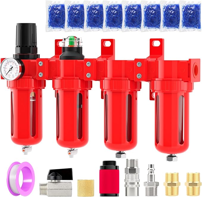 Industrial Grade 4-Stage Aluminum Air Drying System, 1/2 Inch NPT, 0-150 PSI, Double Desiccant Dryer, air Regulator, Particulate Filter and Coalescing Filter (Manual Drainage)