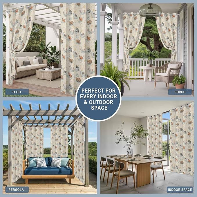 Cartoon Animals Outdoor Curtains for Patio Raccoons Rabbits Moon Linen Texture Waterproof Outside Curtains with Grommet Top Weatherproof Curtain for Cabana Pergola Gazebo, 2 Pack, 54" W x 95" L