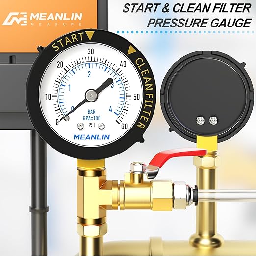 MEANLIN MEASURE 0~60Psi 1/4" NPT Start and Clean Filter Pressure Gauge, Suitable for Swimming Pool, Spa, Aquarium, Lower Mount(Pack of 2), with 1/2" NPT and 3/8" NPT Hex Bushing
