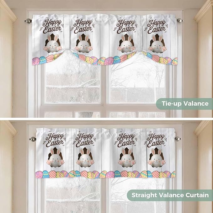 Grey Easter Tie Up Valance Curtains for Windows, Kitchen Curtains Window Shades, Spring Cartoon Bunny Colorful Eggs Wood Grain Light Filtering Roman Curtain Valances for Bedroom/Bathroom/Cafe 60"x18"