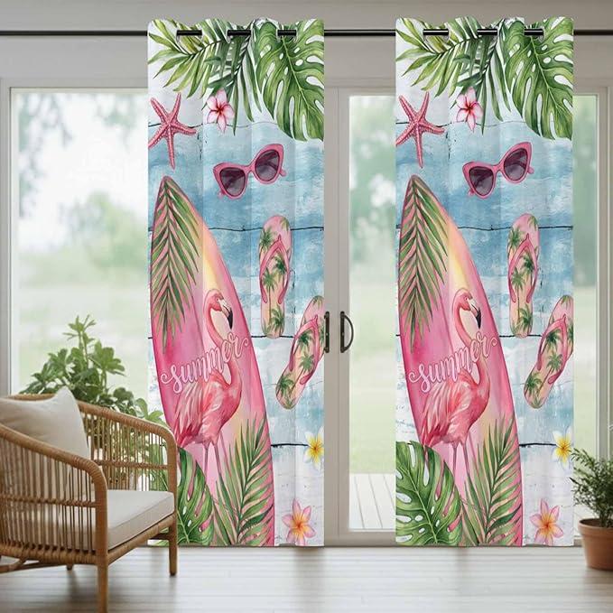 Summer Flamingbirds Outdoor Curtains for Patio Palm Leaves Plumeria Wood Waterproof Outside Curtains with Grommet Top Weatherproof Curtain for Cabana Pergola Gazebo, 2 Pack, 54" W x 84" L