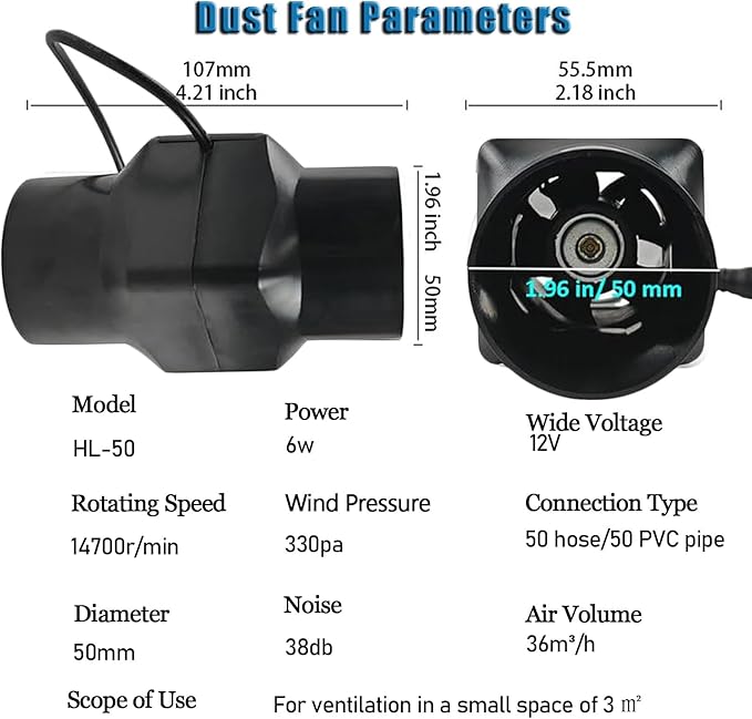 2 Inch Inline Duct Fan 12V 6W Extractor Fans Variable Speed Ventilation Hydroponic Blower for Booster Grow Tents Attic Kitchen, Black (Color : Adjustable Speed)