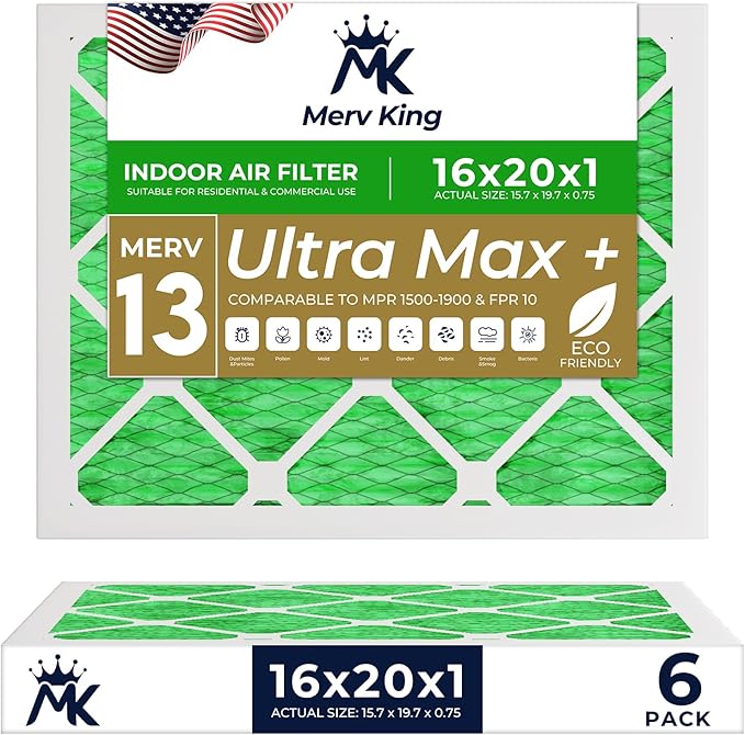 MervKing 16x20x1 Air Filter Actual Size: 15.7" x 19.7" x 0.75" MERV 13 MPR 1500-1900 | MADE IN USA | 6-Pack | Pleated HVAC AC Furnace Replacement