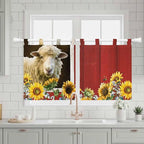 Sheep Flowers Kitchen Curtains 36 Inch Length, Small Window Curtains Tab Top, Country Red Barn Botanical Sunflowers Light Filtering Short Window Treatments Tier Drapes 27.5"x36" 2 Panel