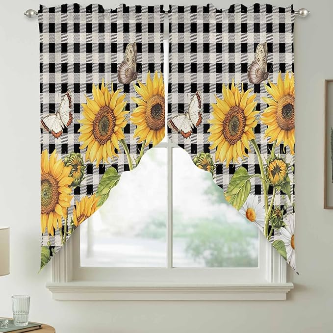 Sunflowers Swag Valances for Windows, Yellow Flowers Butterfly Farmhouse Black Plaid Rod Pocket Kitchen Curtains Valance, Small Window Curtains Swag for Cafe Bathroom Living Room, 2 Panels, 36x36 inch