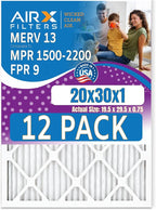 20x30x1 Air Filter MERV 13 Rating, 12 Pack of Furnace Filters Comparable to MPR 1500-2200 & FPR 9 - Made in USA by AIRX FILTERS WICKED CLEAN AIR.