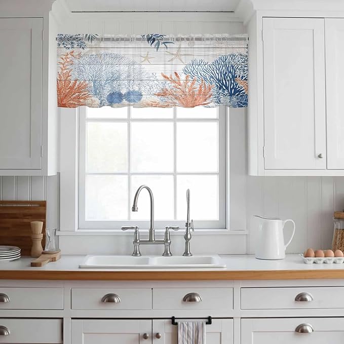 Ocean Corals Sheer Valance Curtains, Summer Beach Coral Sea Stars Wood Grain Light Filtering Kitchen Valances Rod Pocket Voile Curtain Window Treatment for Bedroom/Living Room/Basement 42Wx18L