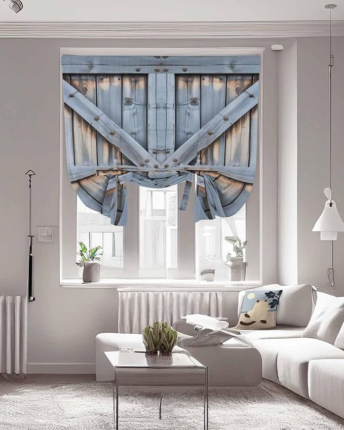 Tie Up Curtains for Windows, Farmhouse Wood Grain Adjustable Balloon Nature Linen Textured Kitchen Curtain, Vintage Country Barn Gate Textured Tie Up Blackout Curtains for Bedroom, 52 x 63 Inches