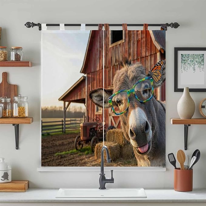 Farm Donkeys Living Room Curtains 84 Inch Length, Window Curtains Tab Top, Farmhouse Barn Funny Animals Butterfly Light Filtering Window Treatments Drapes 42"x84" 2 Panel