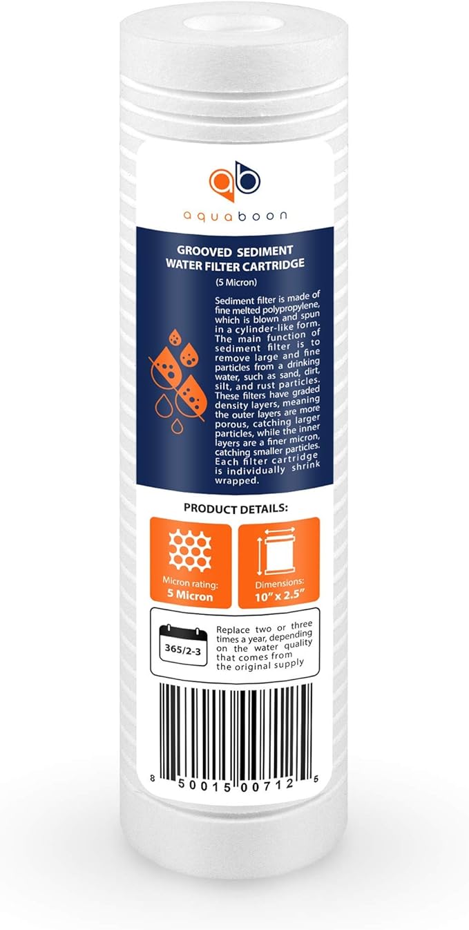 Aquaboon 5 Micron 10 x 2.5 Grooved Sediment Water Filter Replacement for Whole House Filter Cartridge Compatible with AP110, WHKF-GD05, CFS110, 4-Pack