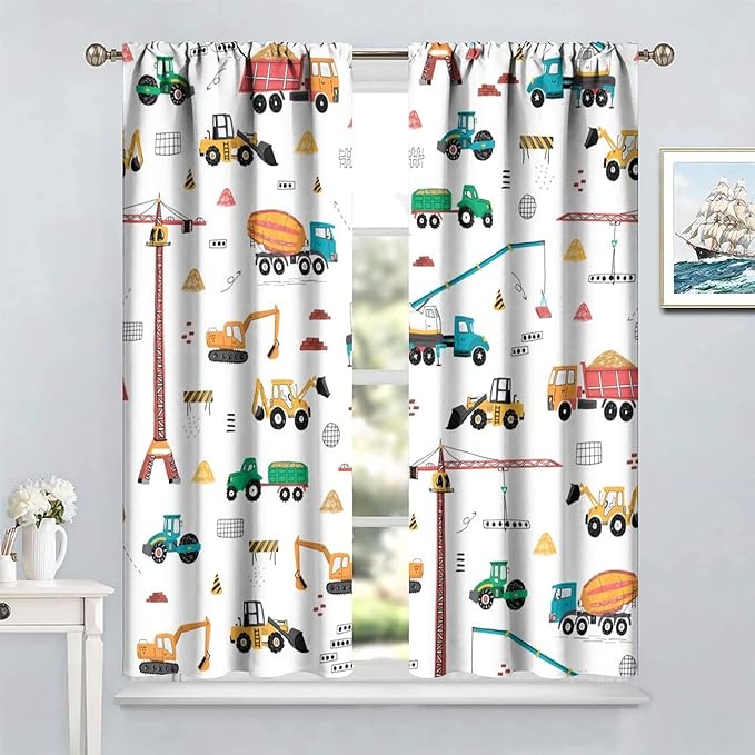 Construction Window Curtains, Kids Cartoon Construction Machines Building Hand Drawn Doodle Rod Pocket Decorative Windows Curtain for Children Teens Room Decor 42x45in (30% Blackout)