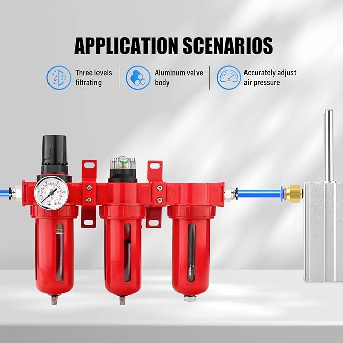 1/4" NPT 3 Stage Aluminium Air Drying System,Coalescing Filter, Particulate Filter, Desiccant Dryer and Air Regulator, Manual Drain, Mid Flow, For Plasma Cutter and Paint Spray