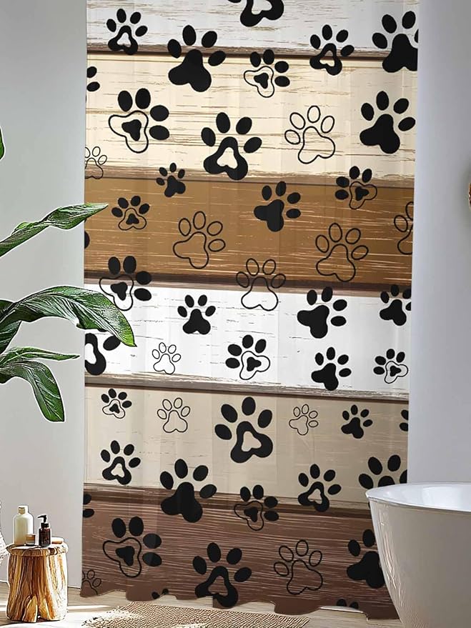 Sheer Curtains 96 Inches Long, Brown Beige Farmhouse Semi Sheer Curtains Light Filtering Window Treatment, Black Dog Paw Vintage Wooden Privacy Voile Drapes for Living Room Bedroom 52x96 Inch