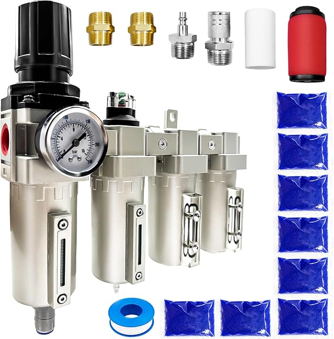 Upgraded 1/2" NPT Heavy Duty Industrial Grade 4 Stage Air Drying System, Particulate Filter, Coalescing Filter, Desiccant Dryer & Air Regulator - for Plasma Cutter, Paint Spray（Auto Drain）