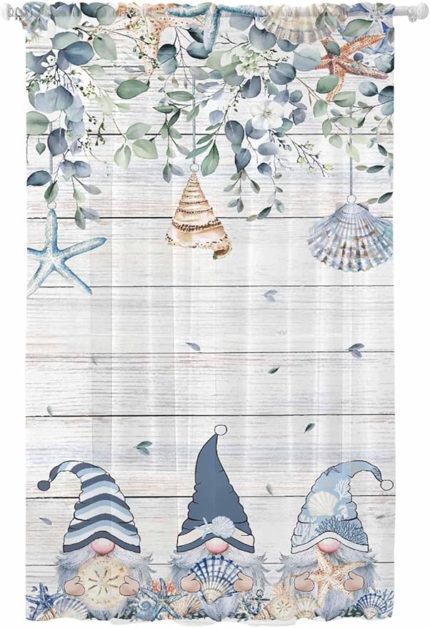 Sheer Curtains 108 Inches Long, Coastal Eucalyptus Leaf Semi Sheer Curtains Light Filtering Window Treatment, Ocean Blue Gnomes Starfish Wood Grain Privacy Voile Drapes for Living Room 52x108 Inch
