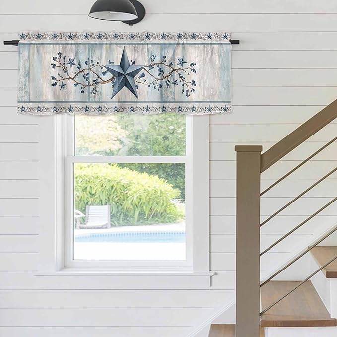 Blue Texas Star Valances for Windows, Vintage Star Berry Blue Beige Wood Grain Kitchen Valance Light Filtering Rod Pocket Short Curtains for Kitchen Bathroom, 1 Panel, 60"x14"