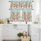 Easter Kitchen Curtains Set 3 Piece for Windows, Rod Pocket Valance and Tier Set 36 Inch Length, Spring Rabbit Colorful Eggs Flowers Wooden Grain Light Filtering Cafe Curtains for Living Room Bathroom