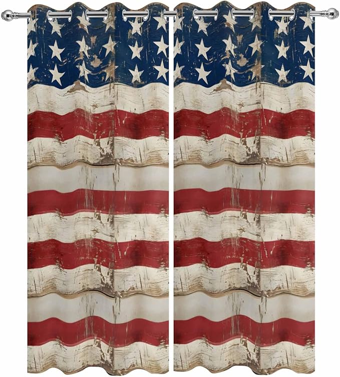 4th of July Outdoor Curtains for Patio USA Flag Independence Day Vintage Waterproof Outside Curtains with Grommet Top Weatherproof Curtain for Cabana Pergola Gazebo, 2 Pack, 54" W x 84" L