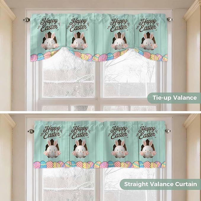 Green Easter Tie Up Valance Curtains for Windows, Kitchen Curtains Window Shades, Spring Cartoon Bunny Colorful Eggs Wood Grain Light Filtering Roman Curtain Valances for Bedroom/Bathroom/Cafe 42"x12"