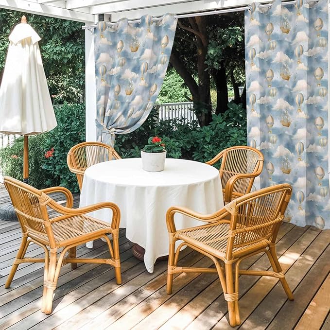 Hot Air Balloons Outdoor Curtains for Patio Fantasy Spaceship Cartoon Vintage Waterproof Outside Curtains with Grommet Top Weatherproof Curtain for Cabana Pergola Gazebo, 2 Pack, 54" W x 84" L