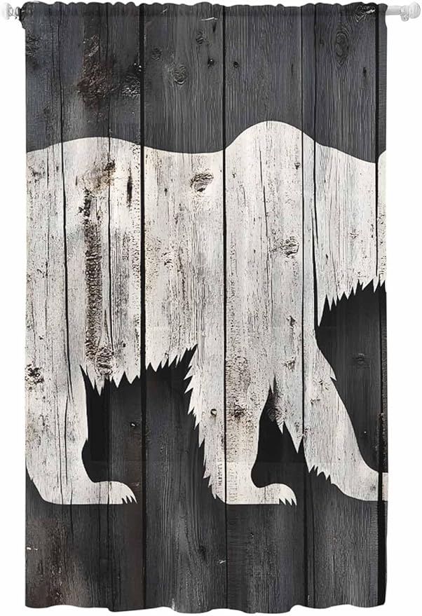 Sheer Curtains 96 Inches Long, White Brown Bear Semi Sheer Curtains Light Filtering Window Treatment, Farmhouse Country Rustic Wooden Grain Privacy Voile Drapes for Living Room Bedroom 52x96 Inch