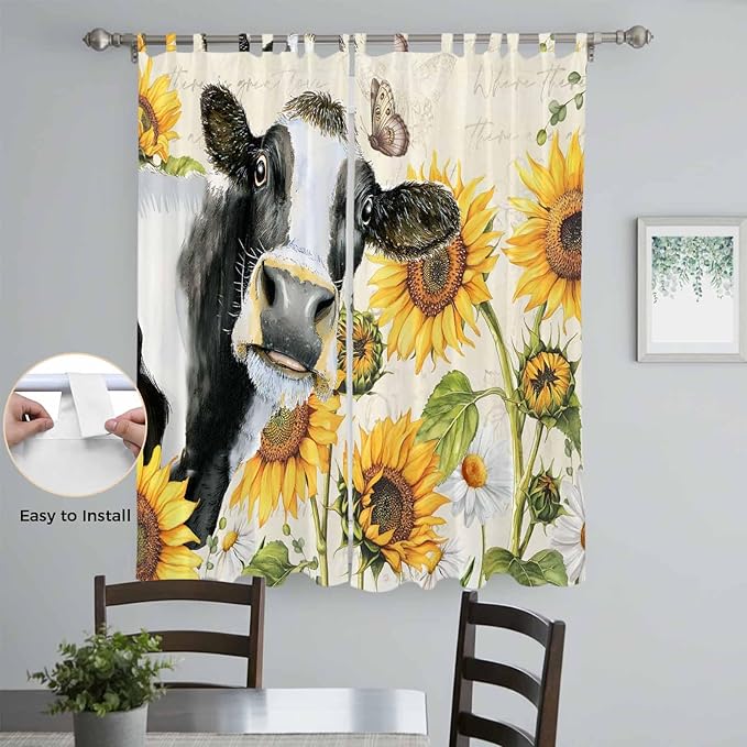 Yellow Sunflowers Living Room Curtains 96 Inch Length, Window Curtains Tab Top, Country Cow Flower Butterfly Farmhouse Cream Light Filtering Window Treatments Drapes 52"x96" 2 Panel