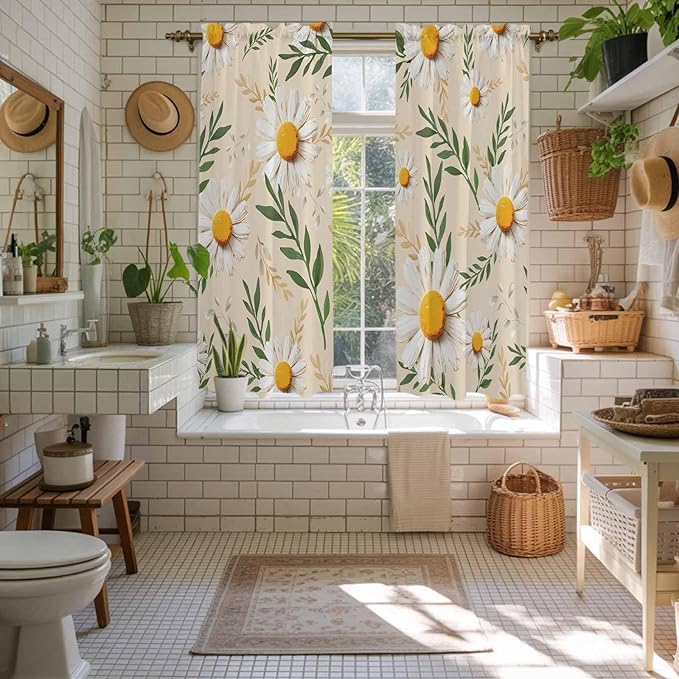 Spring Daisy Kitchen Curtains, Country Watercolor Flower Leaf Plant Light Filtering Window Curtain Panels, 2Pcs Rod Pocket Window Treatments Set for Living Room Bathroom Bedroom 42x63 Inches